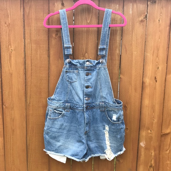 Hot Kiss Denim - Hot Kiss distressed Overall Shorts Size 12/14